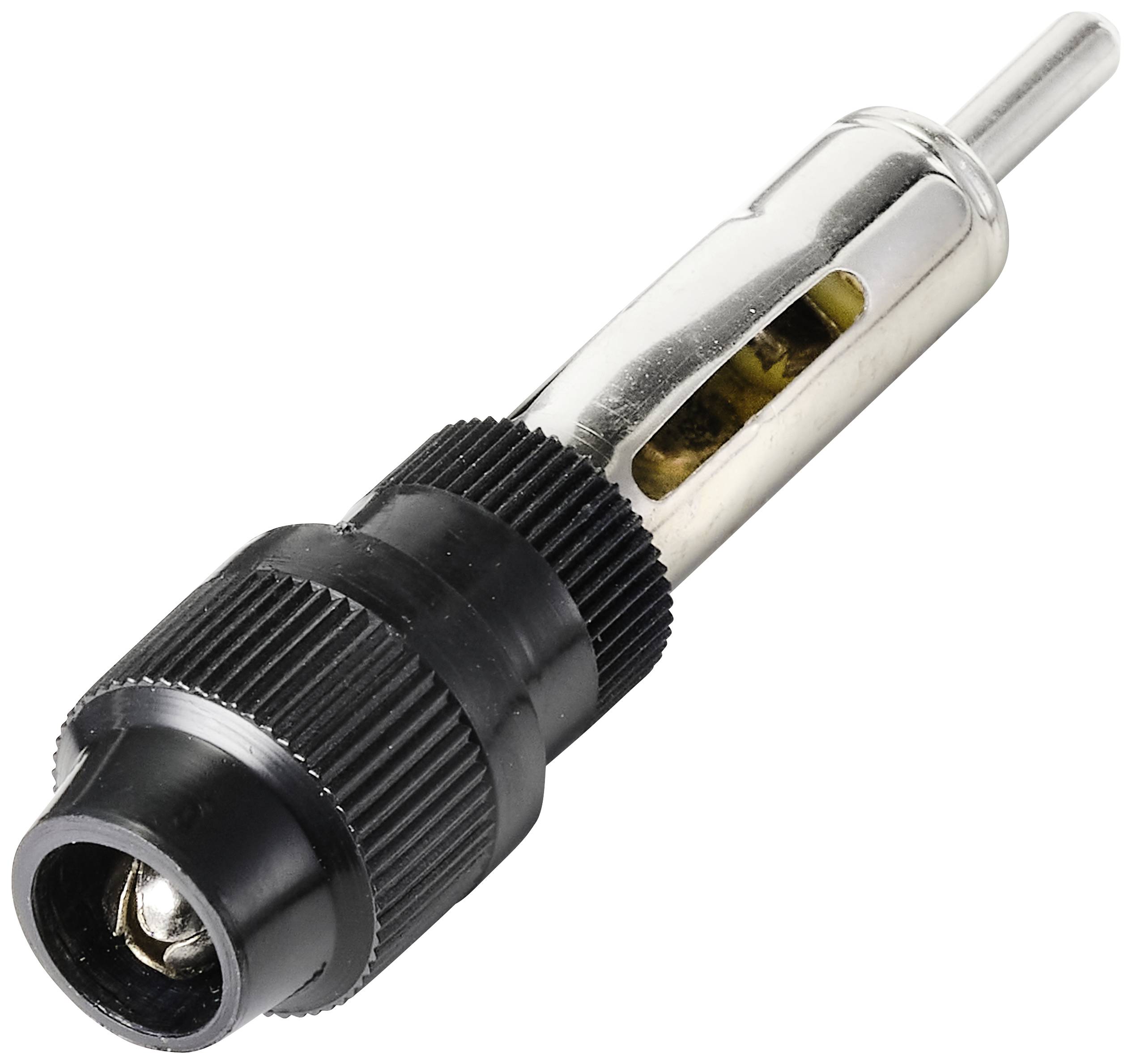 Ein Metall- und Kunststoff-Adapterschaltstecker, verwendet in Audiogeräten zur Signalübertragung.