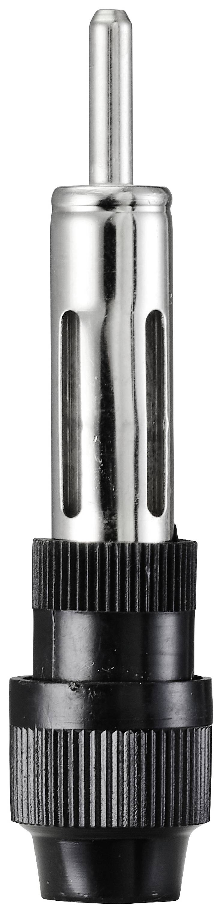 Ein silberner und schwarzer Bananenstecker, häufig genutzt zum Anschließen von Lautsprecherkabeln an Audiosysteme.