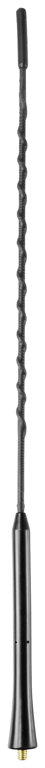 Schwarze flexible Antenne mit wellenförmigem Design und schmalem Anschluss am unteren Ende. Geeignet für Funk- oder Mobilgeräte.