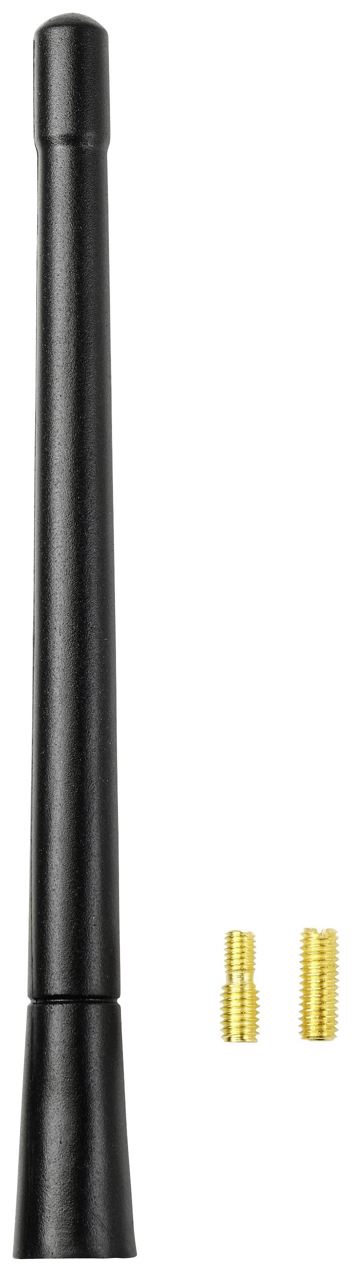 Schwarze Antenne mit zwei kleinen goldenen Steckverbindern darunter. Die Antenne ist vertikal positioniert.