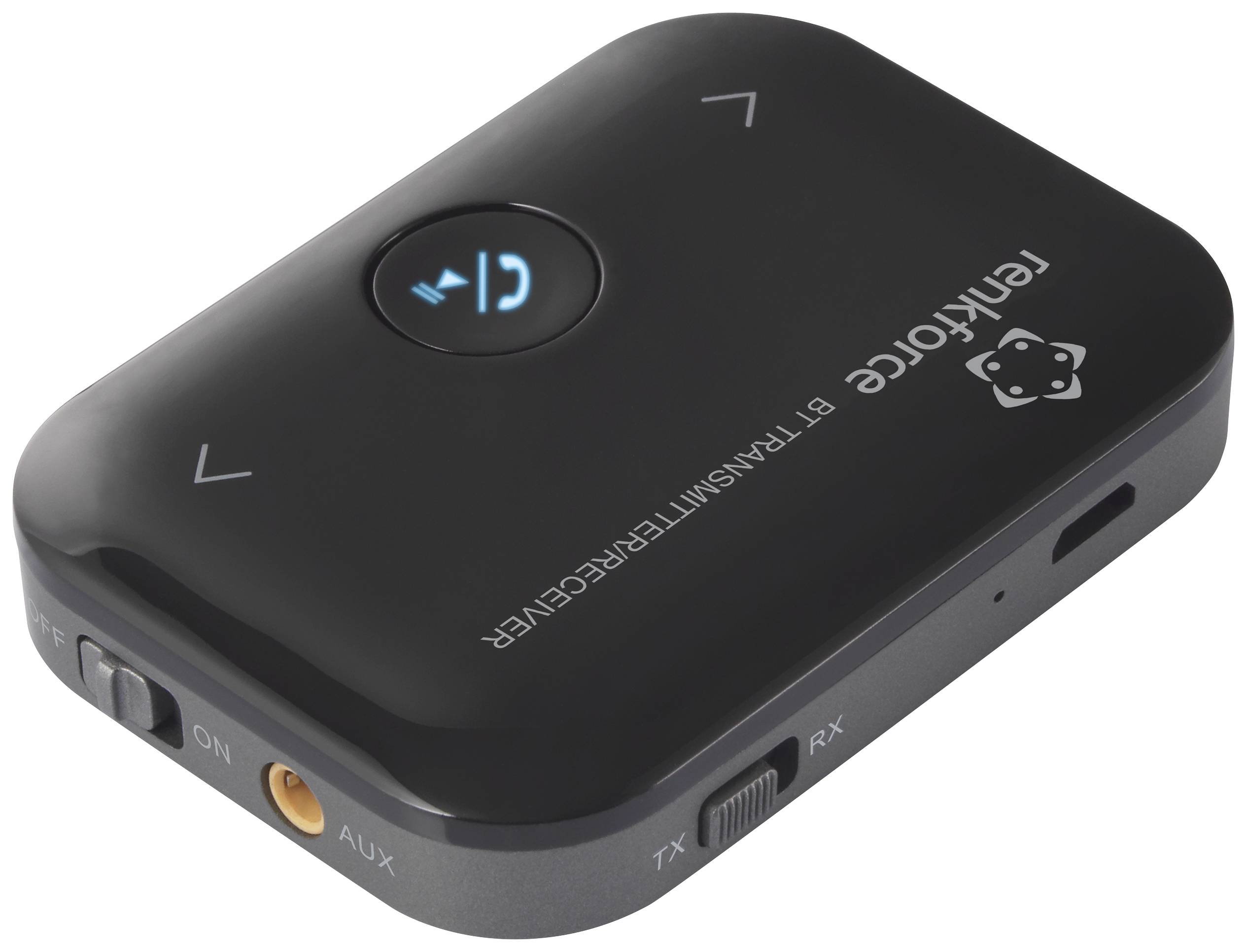 Schwarzer Bluetooth-Transmitter mit Ein-/Ausschalter, AUX-Anschluss und Steuerungstasten auf der Oberseite.