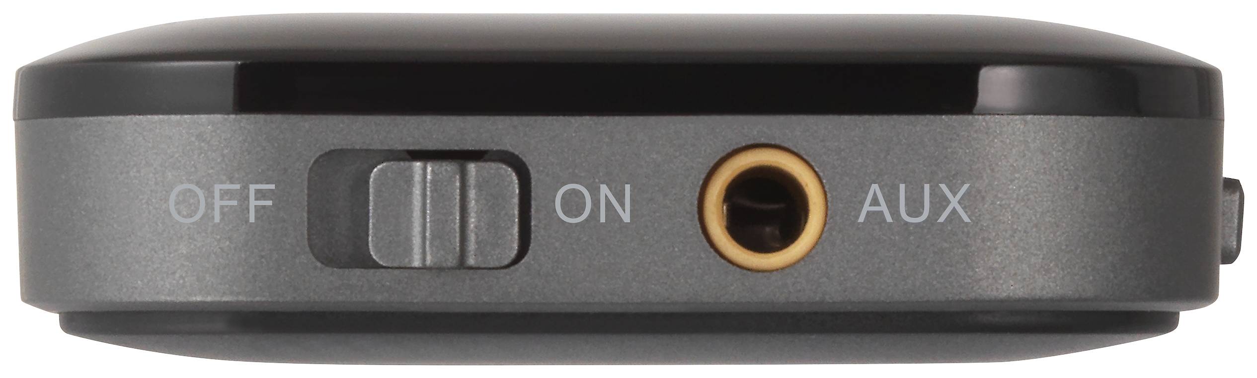Ein rechteckiges Gerät mit einem Schalter, der auf 'ON' gestellt ist, und einem AUX-Eingang. Links steht 'OFF'.