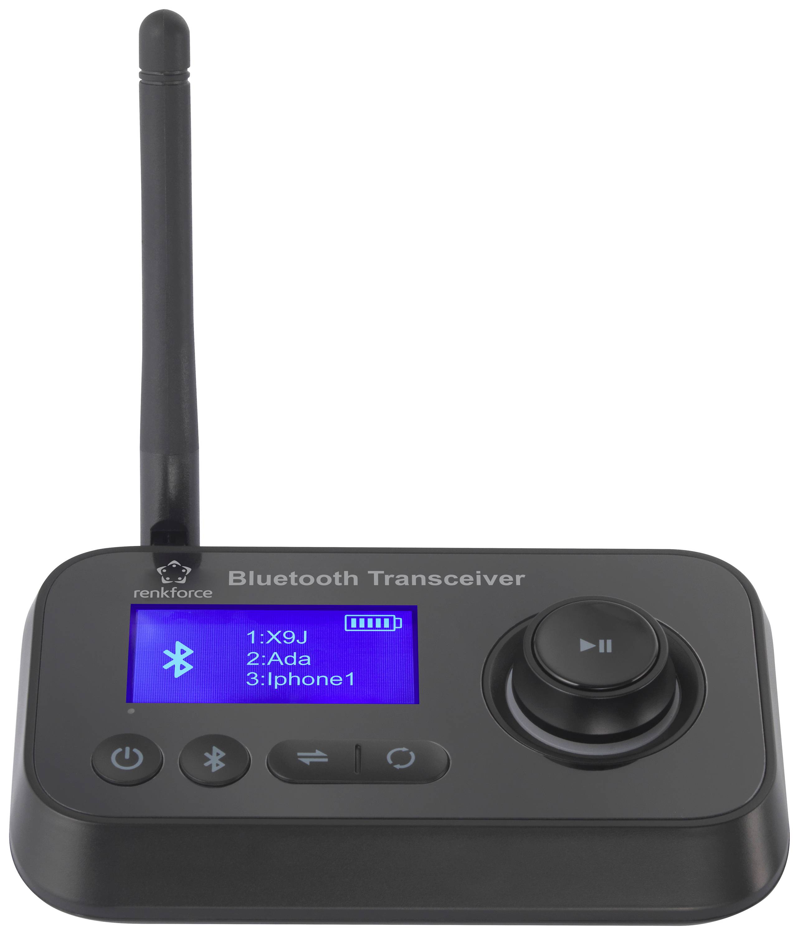 Ein Bluetooth-Transceiver mit kleinem Bildschirm zeigt drei verbundene Geräte: 1. X9J, 2. Ada, 3. iPhone1. Steuerknöpfe sind sichtbar.