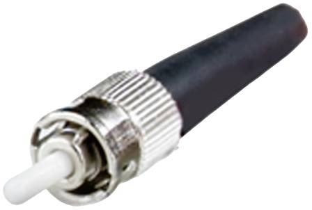 Ein schwarzer Koaxial-Stecker mit Metallverschraubung und weißem Kopf, schräg von der Spitze zur Basis betrachtet.