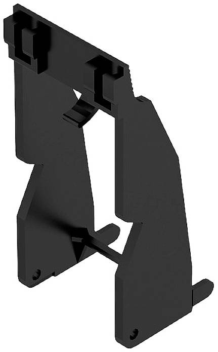 Schwarze Kunststoffhalterung in geometrischer Form mit zwei Befestigungsclips oben.