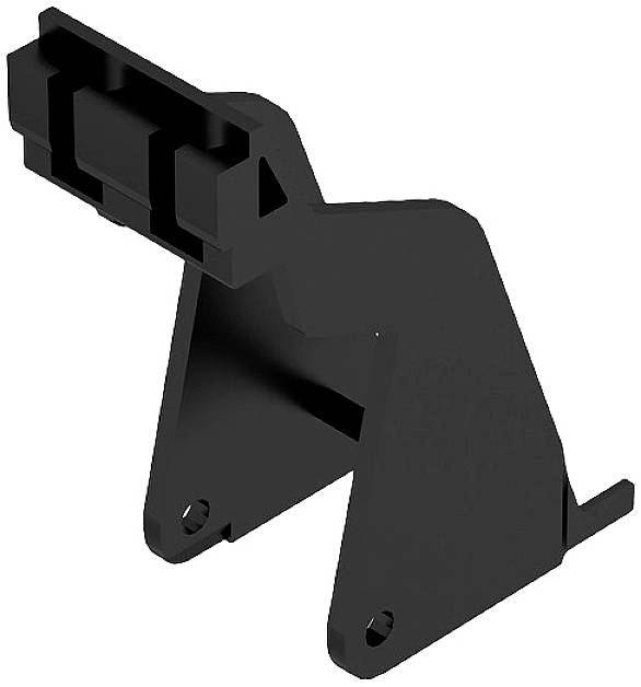 Eine schwarze, dreieckige Metallhalterung mit zwei Befestigungslöchern und einem oberen Steckverbindungselement.