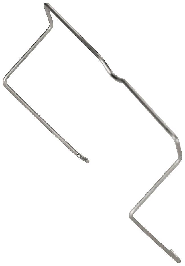Ein dünner, gebogener Metallstab mit mehreren Winkeln in Zickzackform vor weißem Hintergrund.