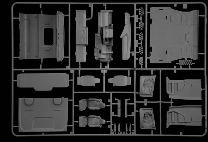 Ein schwarzer Rahmen hält zahlreiche detaillierte Graue Modellteile, die vermutlich für ein Fahrzeug oder ähnlich gebautes Modell gedacht sind.