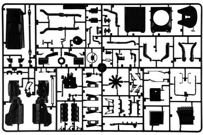 Ein Bausatz aus Plastikteilen, die auf einem Gießrahmen befestigt sind, bereit zum Zusammenbau eines Modells.