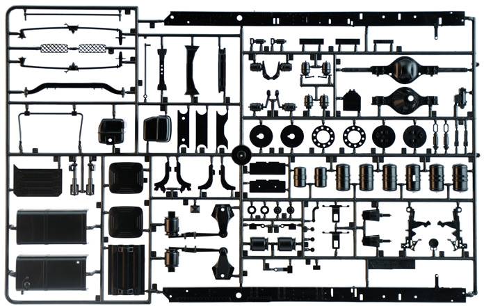 Ein Gussrahmen mit verschiedenen Plastikbauteilen für den Modellbau. Teile variieren in Form und Größe; Anordnung in einem Raster.