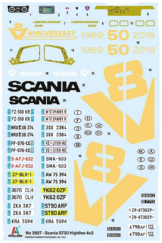 Scania S730 Highline 4x2 Jubiläumsaufkleber; enthält verschiedene Logos, Nummernschilder und Jubiläumszahlen '1969-2019'.