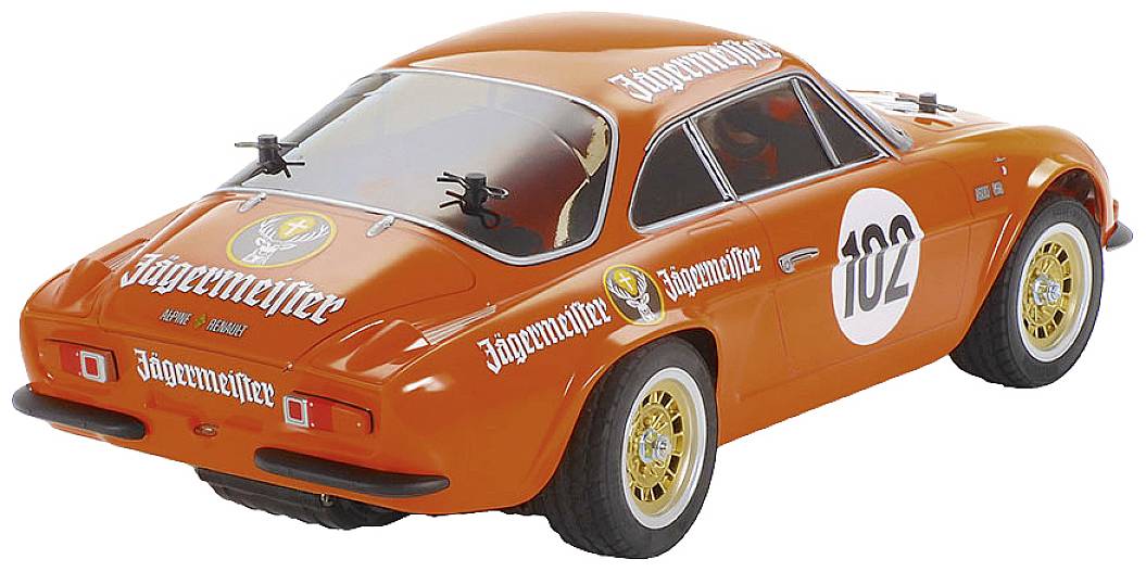 Ein orangefarbenes Modellauto mit 'Jägermeister' Aufschrift und der Startnummer 102 auf der Tür, abgebildet von hinten links.
