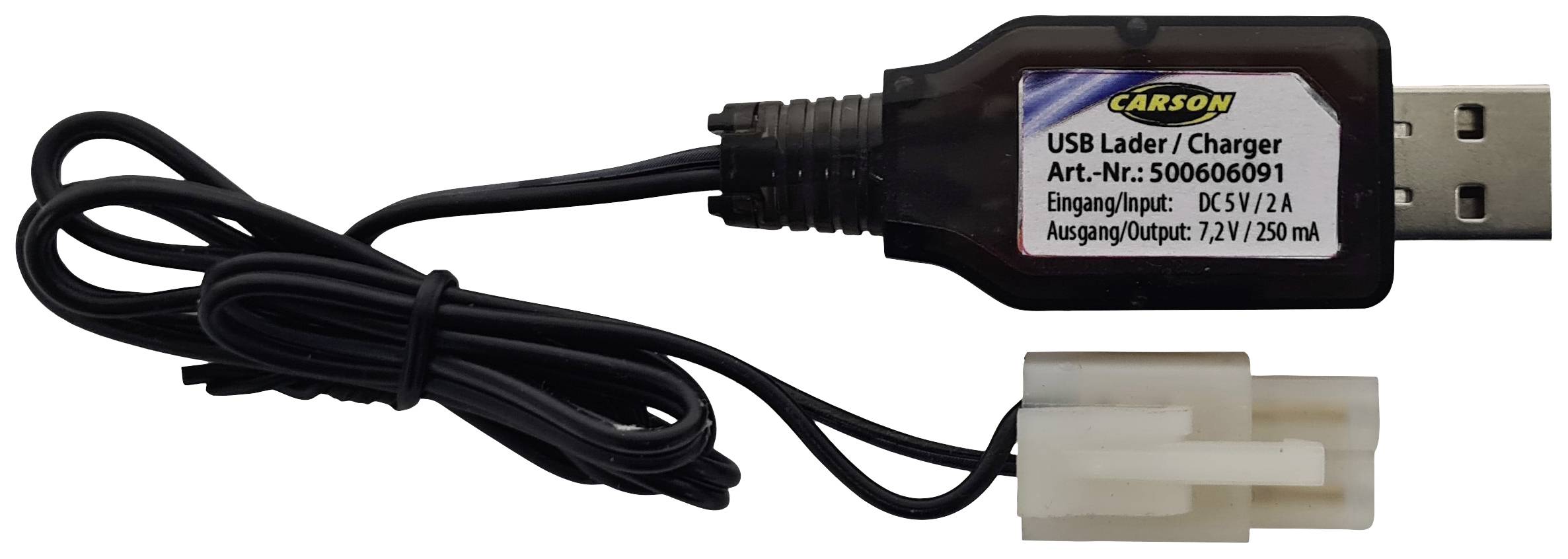 Carson USB-Ladegerät mit Kabel, Artikelnummer 500606091, Eingang/Ausgang: 5V/2A, 7.2V/250mA, schwarzes Gehäuse.