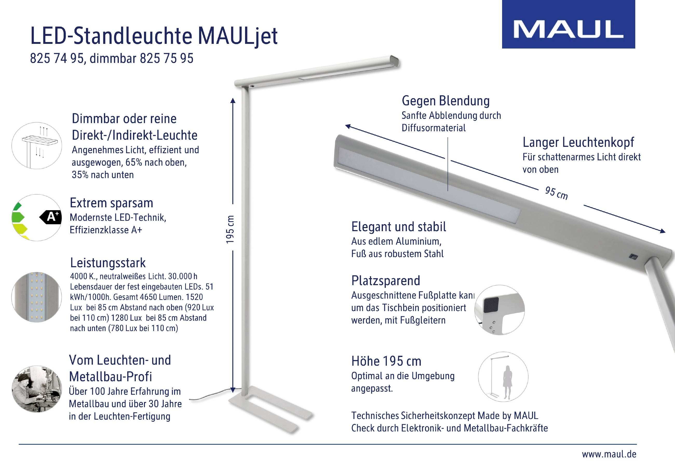 Produktbeschreibung der LED-Standleuchte MAULjet: Dimmbar mit modernem, effizientem LED-Design, elegant und platzsparend, Höhe 195 cm.