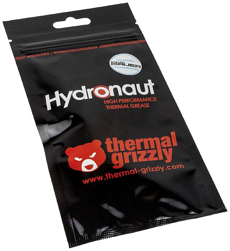 Verpackung von Hydronaut Wärmeleitpaste von Thermal Grizzly, schwarz mit rotem Logo eines Bären und Produktinformationen.