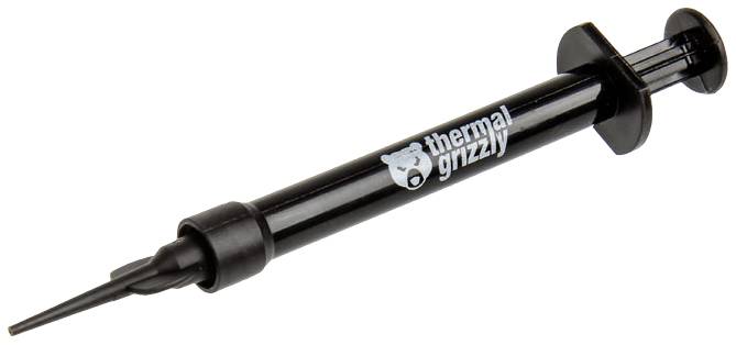 Schwarze Spritze mit 'thermal grizzly'-Aufdruck, enthält Wärmeleitpaste zur Optimierung der Wärmeableitung bei elektronischen Geräten.