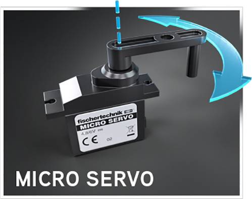 Ein 'fischertechnik Micro Servo' mit einem schwenkbaren Hebel wird gezeigt. Das Bild illustriert die Bewegungsrichtung des Servos.