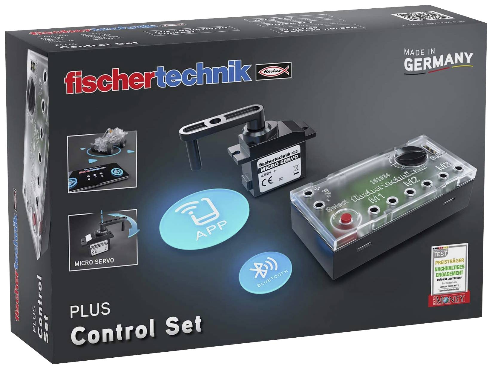 'Fischertechnik Plus Control Set' Verpackung zeigt ein Mikroservo, Control-Schnittstelle und App-Symbole. 'Made in Germany.'