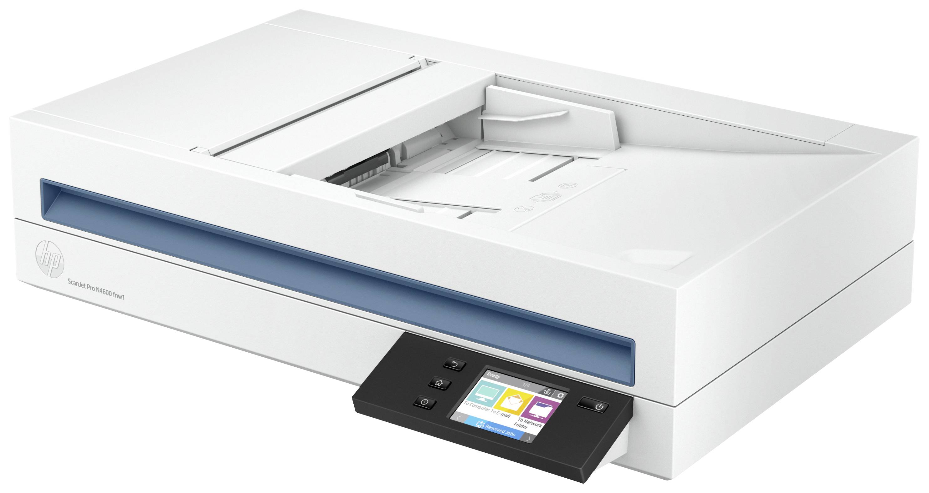 Flacher, weißer Scanner mit Bedienfeld und Farbdisplay. Geeignet fürs Scannen von Dokumenten in Büro- oder Heimumgebung.