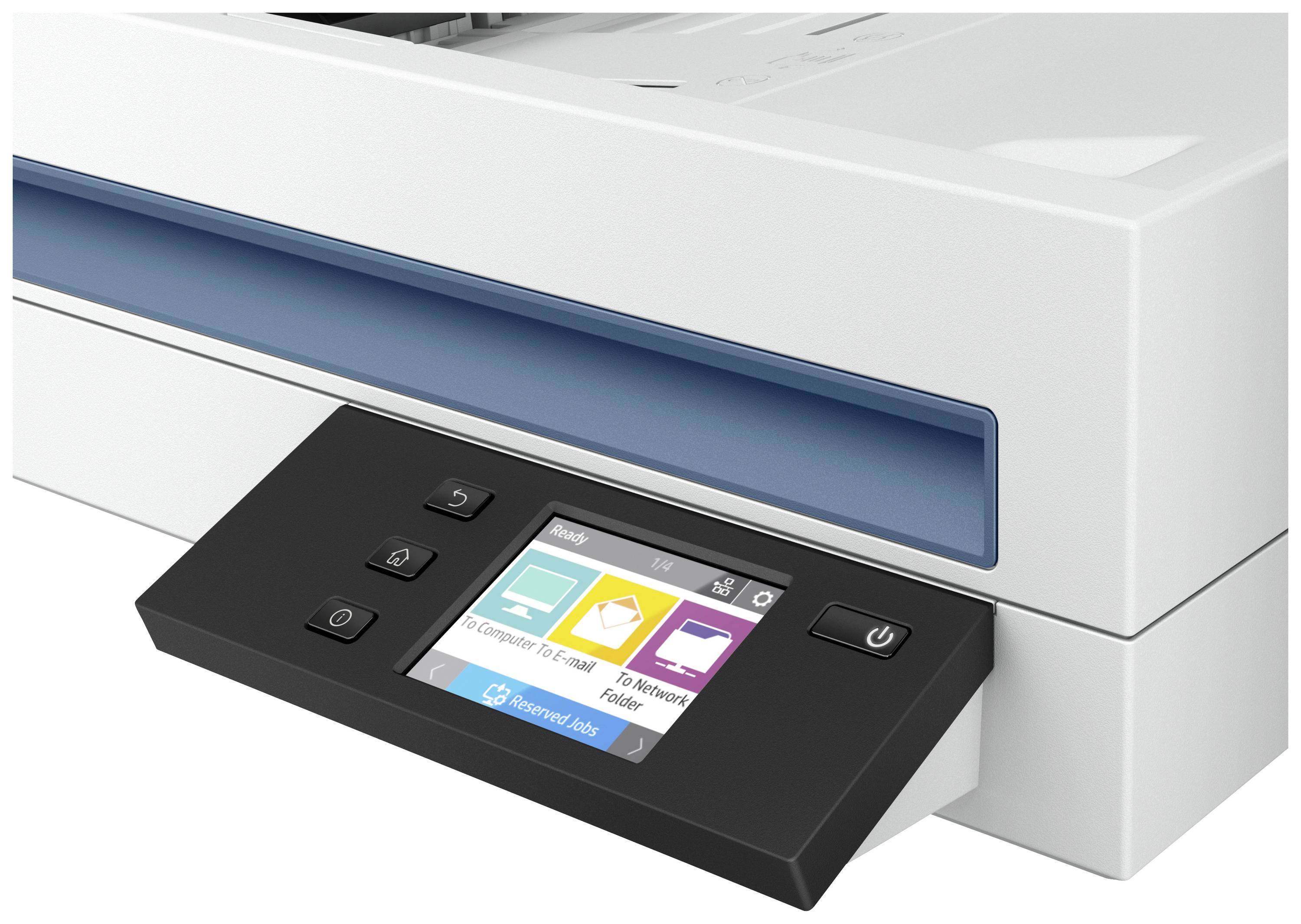 Ein Drucker mit Touchscreen-Bedienfeld, zeigt Symbole für Kopieren, Scannen, Faxen und Cloud-Zugriff. Bildschirm leuchtet.