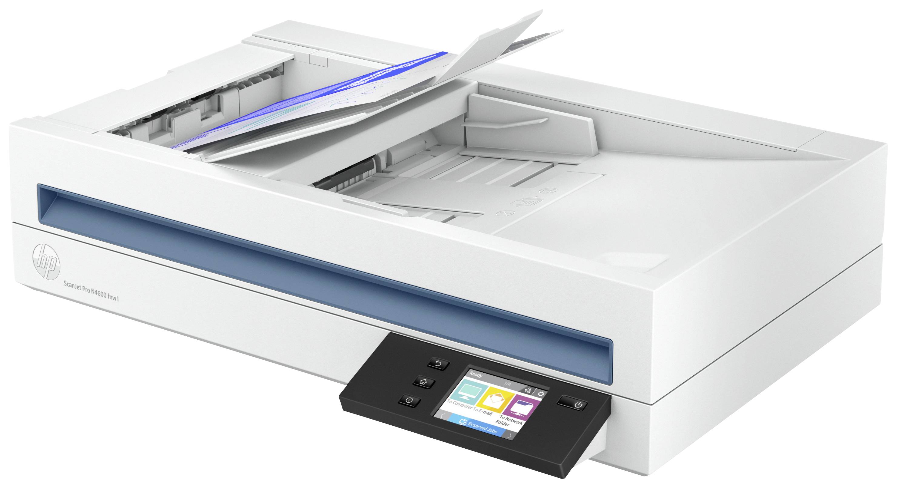 Ein weißer Flachbettscanner mit einem Stapel Papier im Scannerfach. Ein digitales Bedienfeld zeigt vier bunte Symbole.