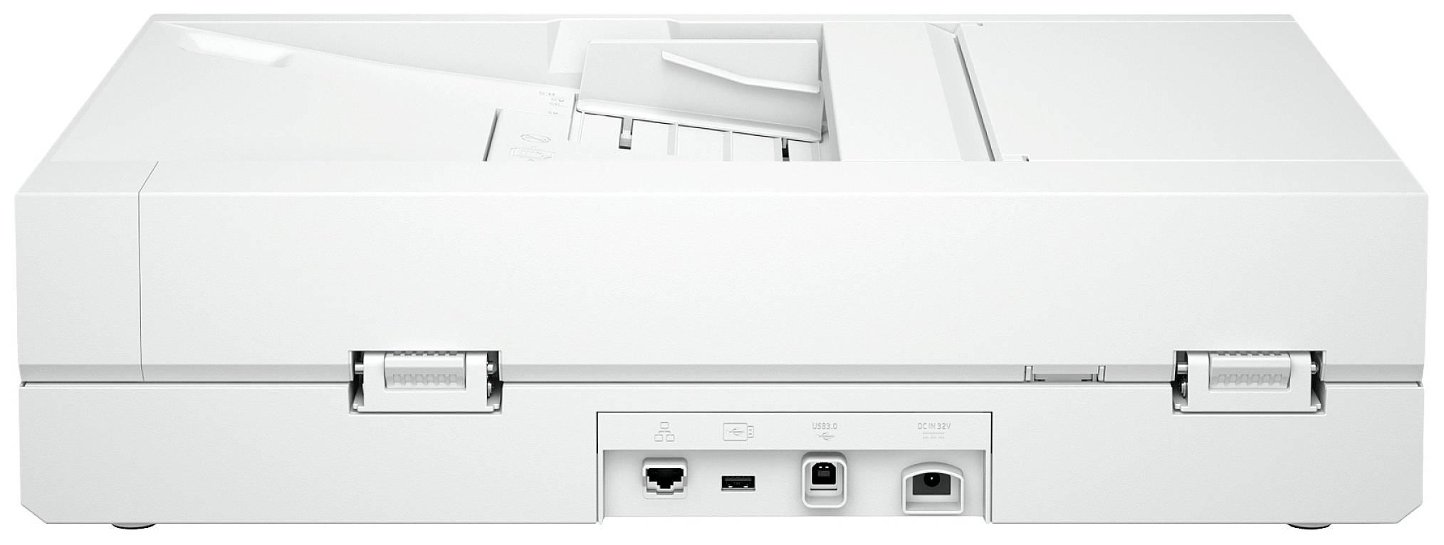 Der Scanner zeigt die Rückseite mit mehreren Anschlussmöglichkeiten, darunter USB- und Ethernet-Ports, geeignet für Büroanwendungen.