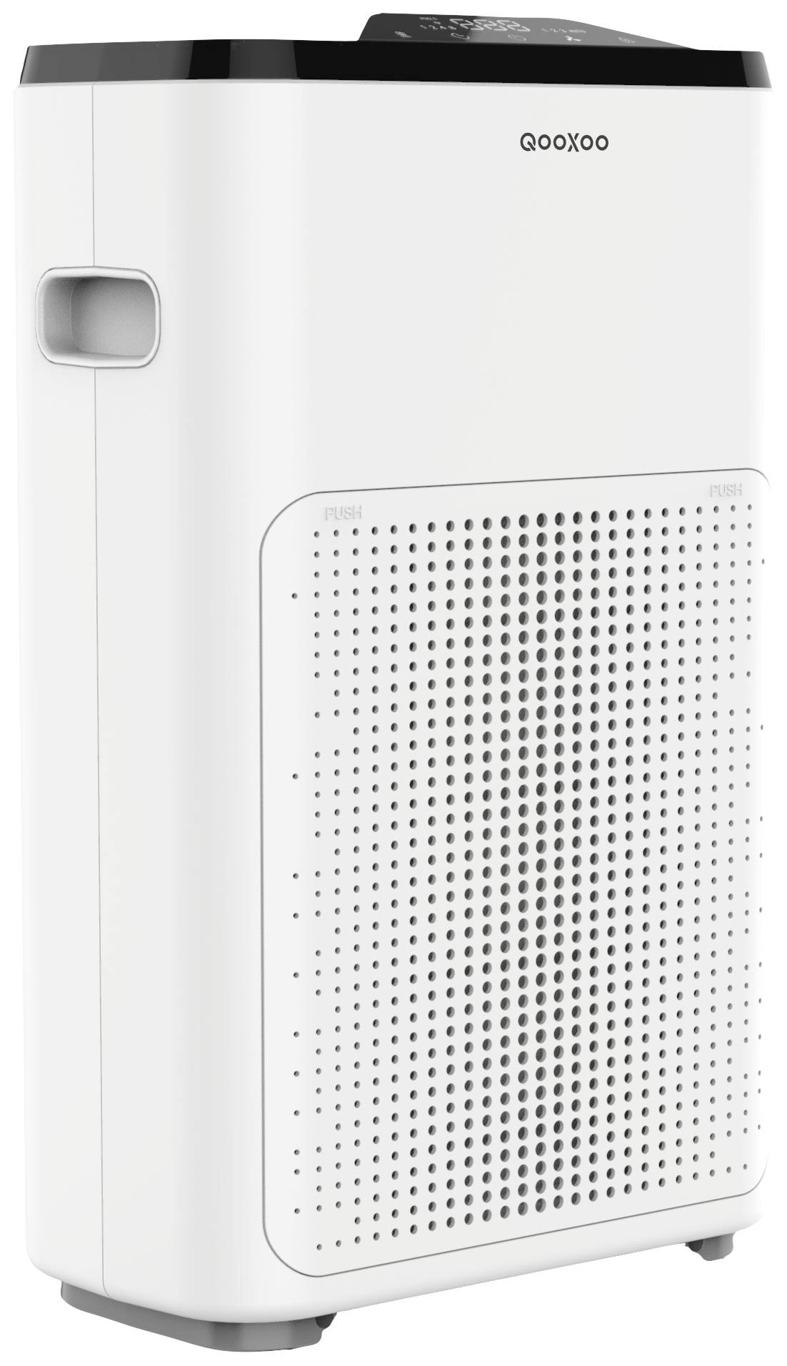 Weißer Luftreiniger mit abgerundeten Kanten, Belüftungsgitter vorne und Tragegriff an der Seite.
