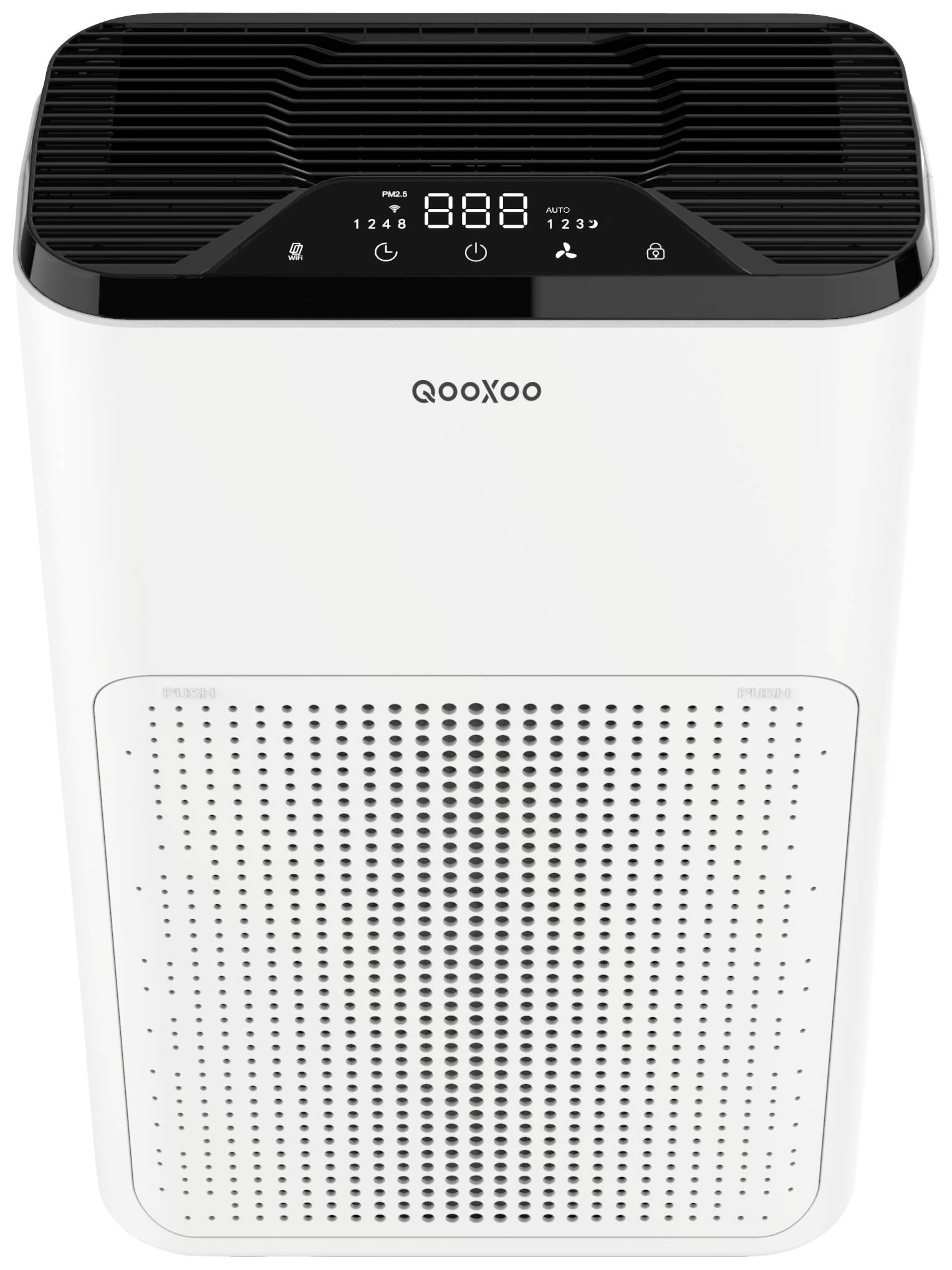 Luftreiniger mit digitalem Display zeigt '888', Tasten zur Steuerung oben. Weiße Front mit runden Luftöffnungen.