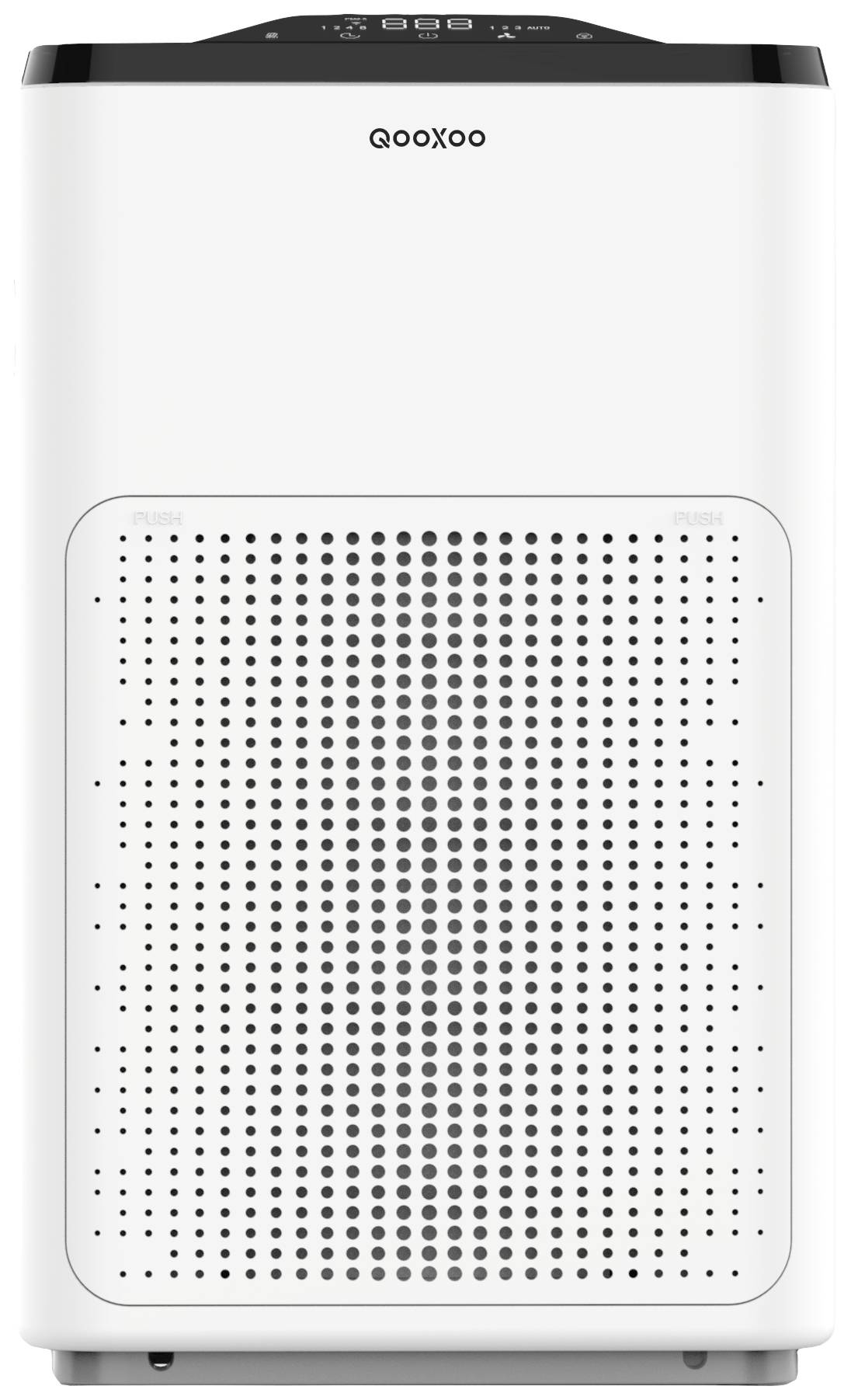 Ein weißer, rechteckiger Luftreiniger mit einem perforierten Gitter auf der Vorderseite und einem Bedienelement auf der Oberseite.