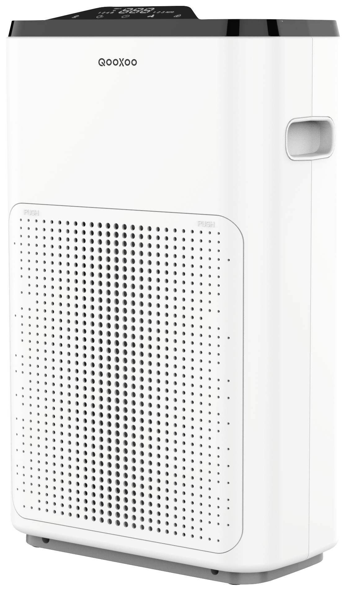 Luftreiniger in Weiß mit modernem Design. An der Oberseite befinden sich Bedienelemente und ein Display.