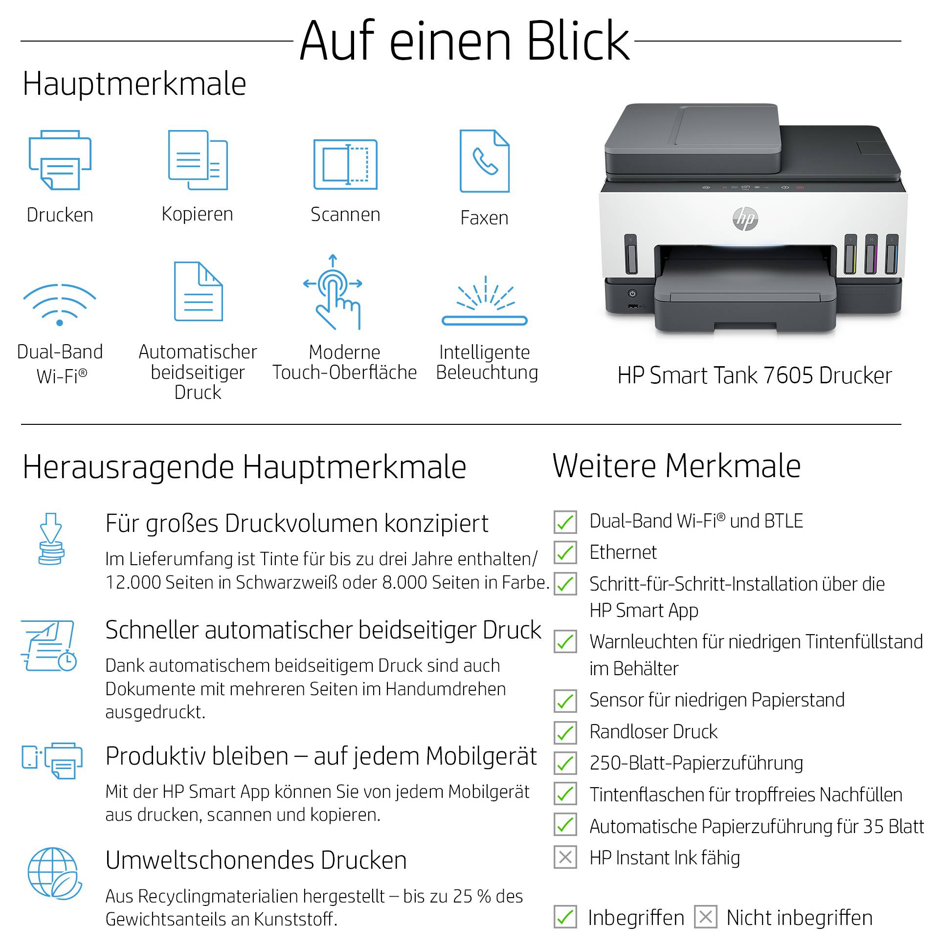 HP Smart Tank 7605 All-in-One Multifunktionsdrucker Tintenstrahl Farbe A4 Drucker, Scanner, Kopierer, Fax Tintentank-System, Duplex, WLAN, LAN, ADF