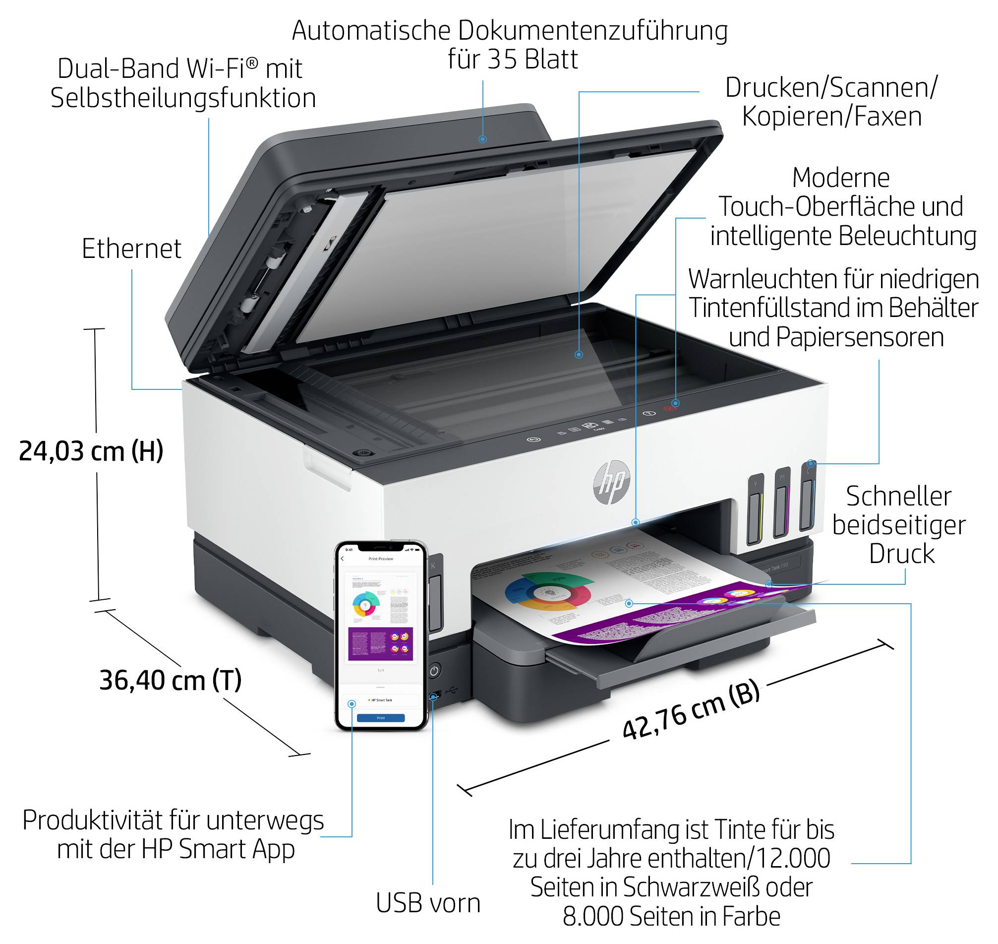 HP Smart Tank 7605 All-in-One Multifunktionsdrucker Tintenstrahl Farbe A4 Drucker, Scanner, Kopierer, Fax Tintentank-System, Duplex, WLAN, LAN, ADF