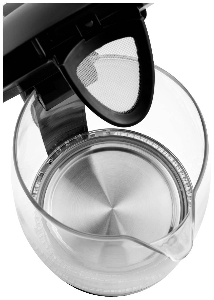 Durchsichtiger Wasserkocher von oben, zeigt den Metallboden, offenen Deckel und eingebauten Filter.