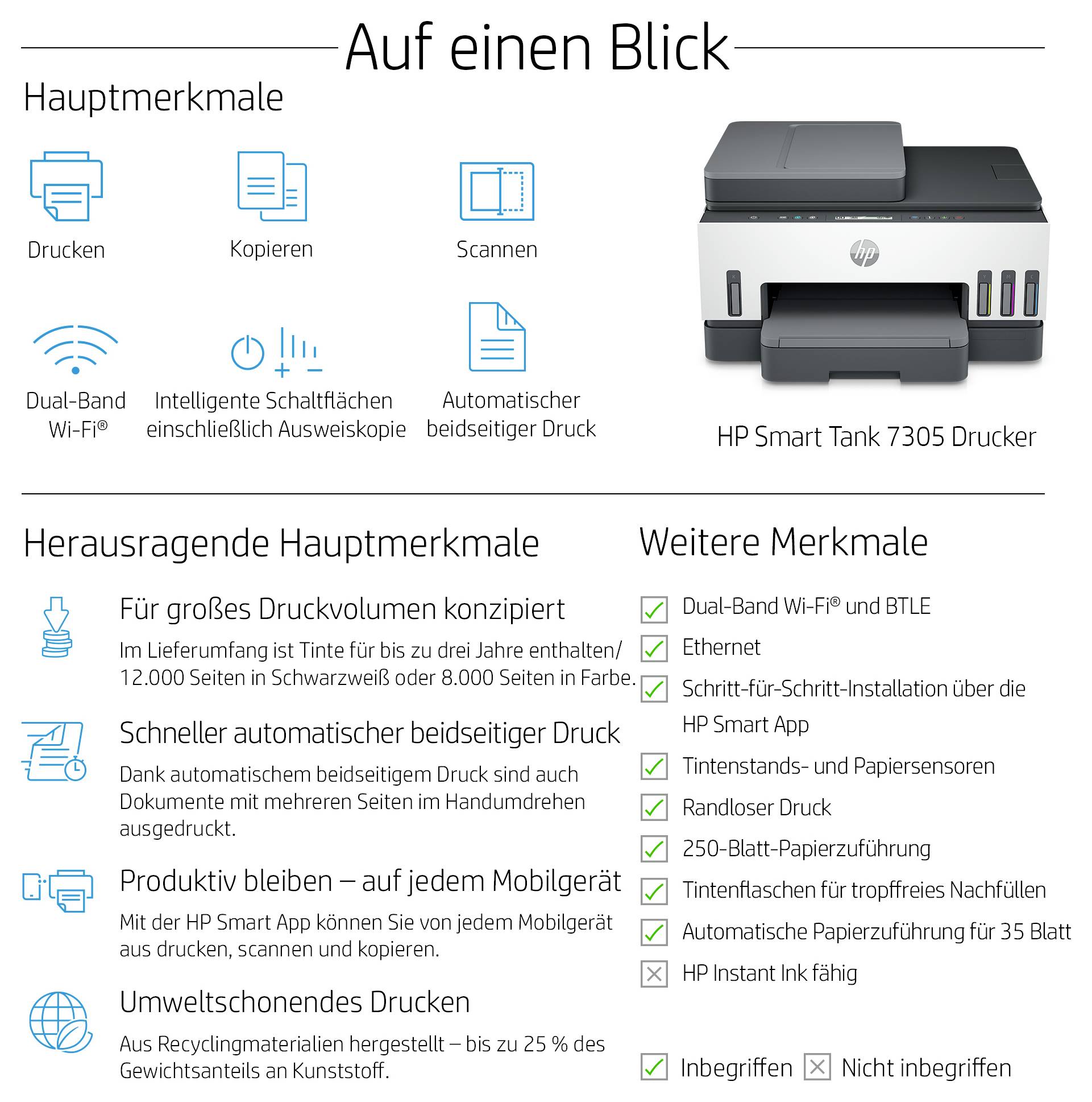 HP Smart Tank 7305 All-in-One Multifunktionsdrucker Tintenstrahl Farbe A4 Drucker, Scanner, Kopierer Tintentank-System, Duplex, WLAN, LAN, ADF