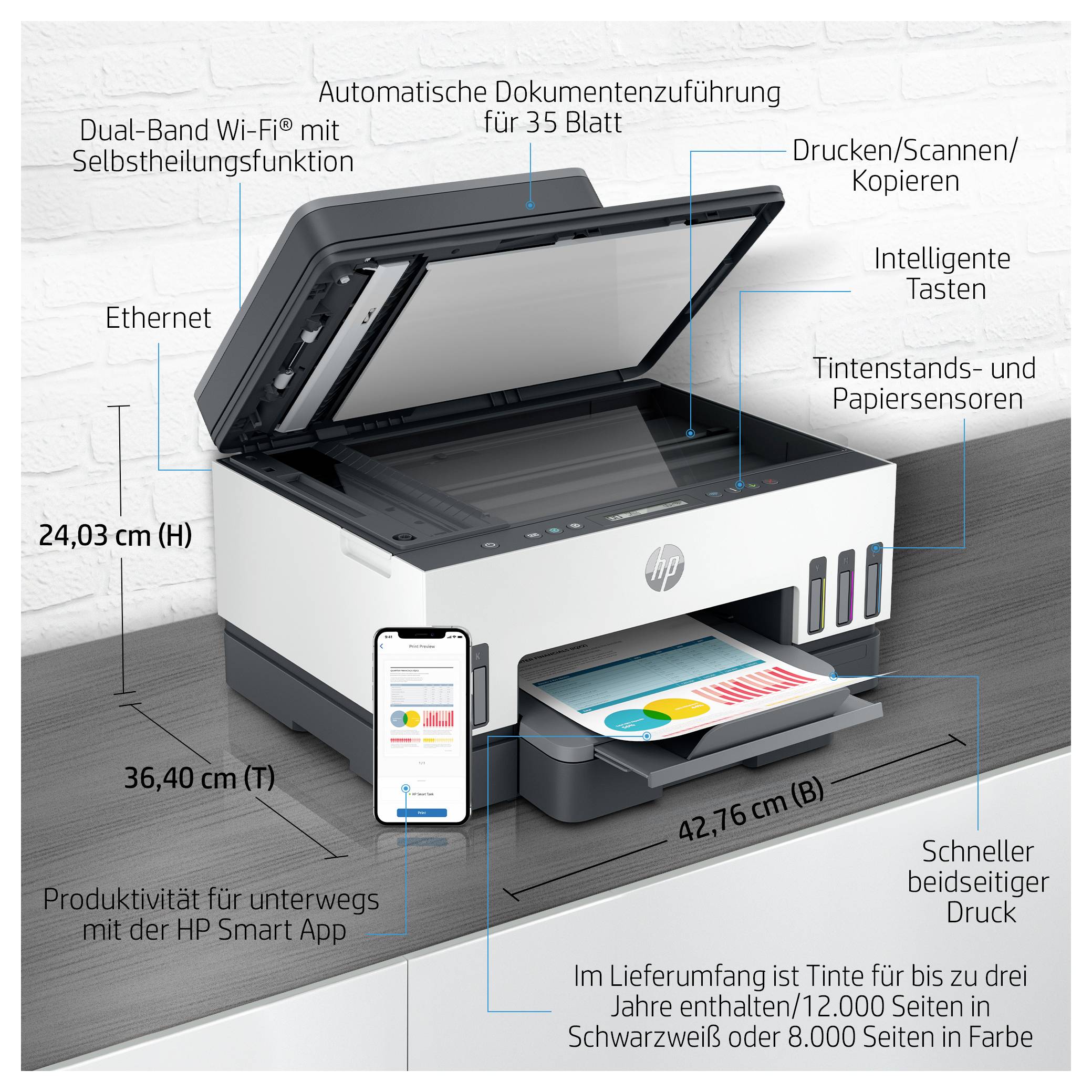 HP Smart Tank 7305 All-in-One Multifunktionsdrucker Tintenstrahl Farbe A4 Drucker, Scanner, Kopierer Tintentank-System, Duplex, WLAN, LAN, ADF