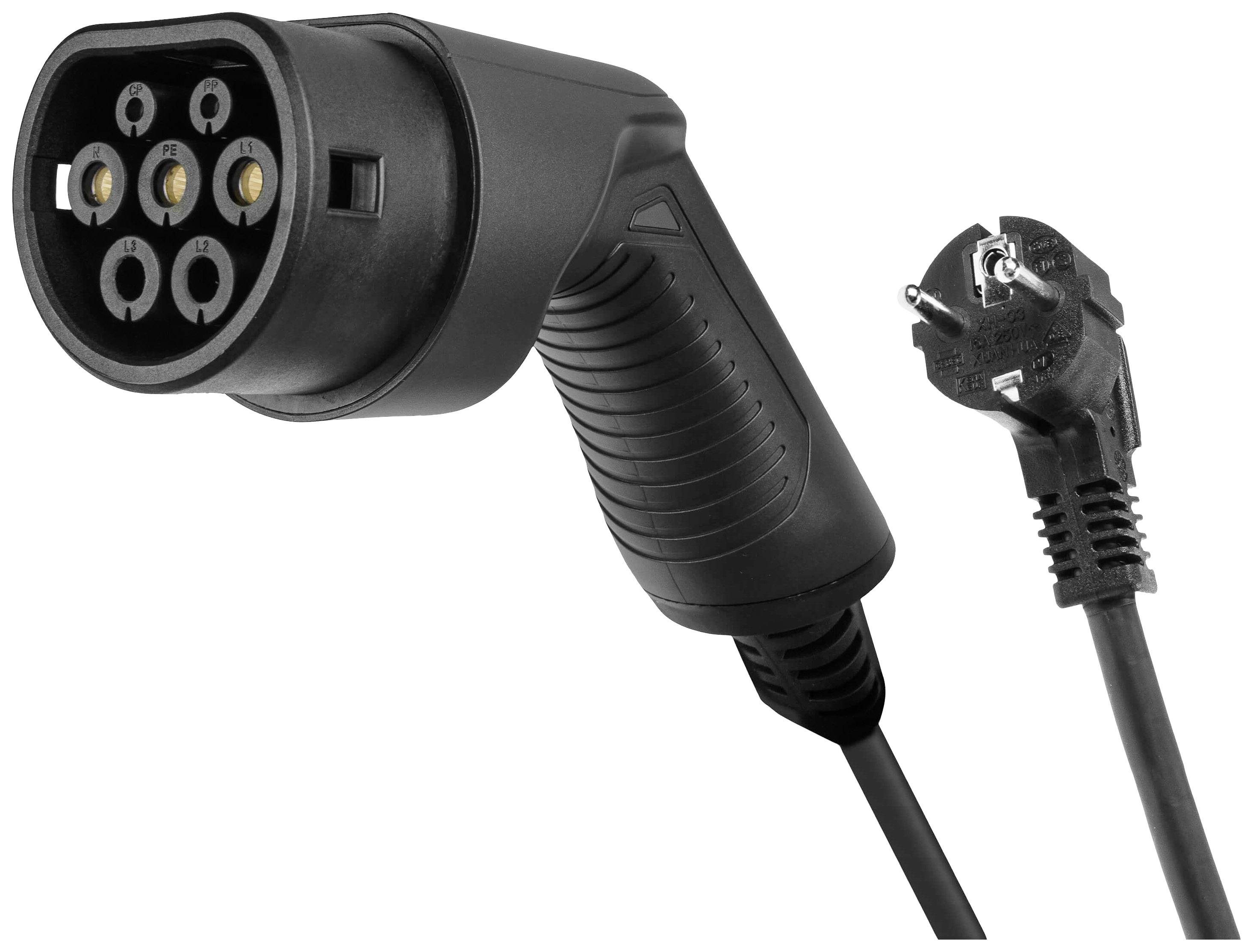 Ein schwarzes Ladekabel für Elektrofahrzeuge mit einem Typ-2 Stecker auf der linken Seite und einem Schuko-Stecker auf der rechten Seite.