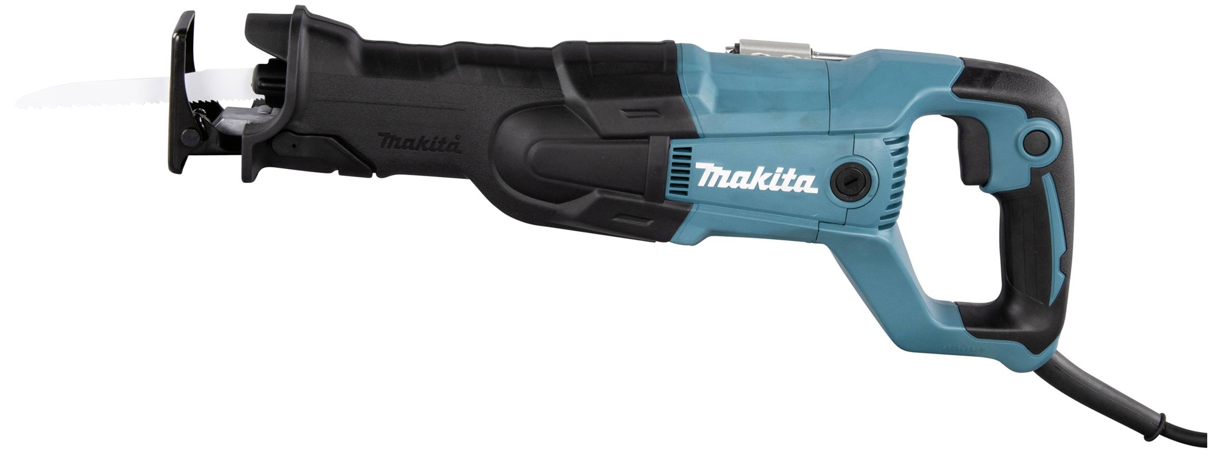 Elektrische Säbelsäge der Marke Makita in schwarz und blau mit einem angebrachten Sägeblatt, geeignet für diverse Schneidarbeiten.