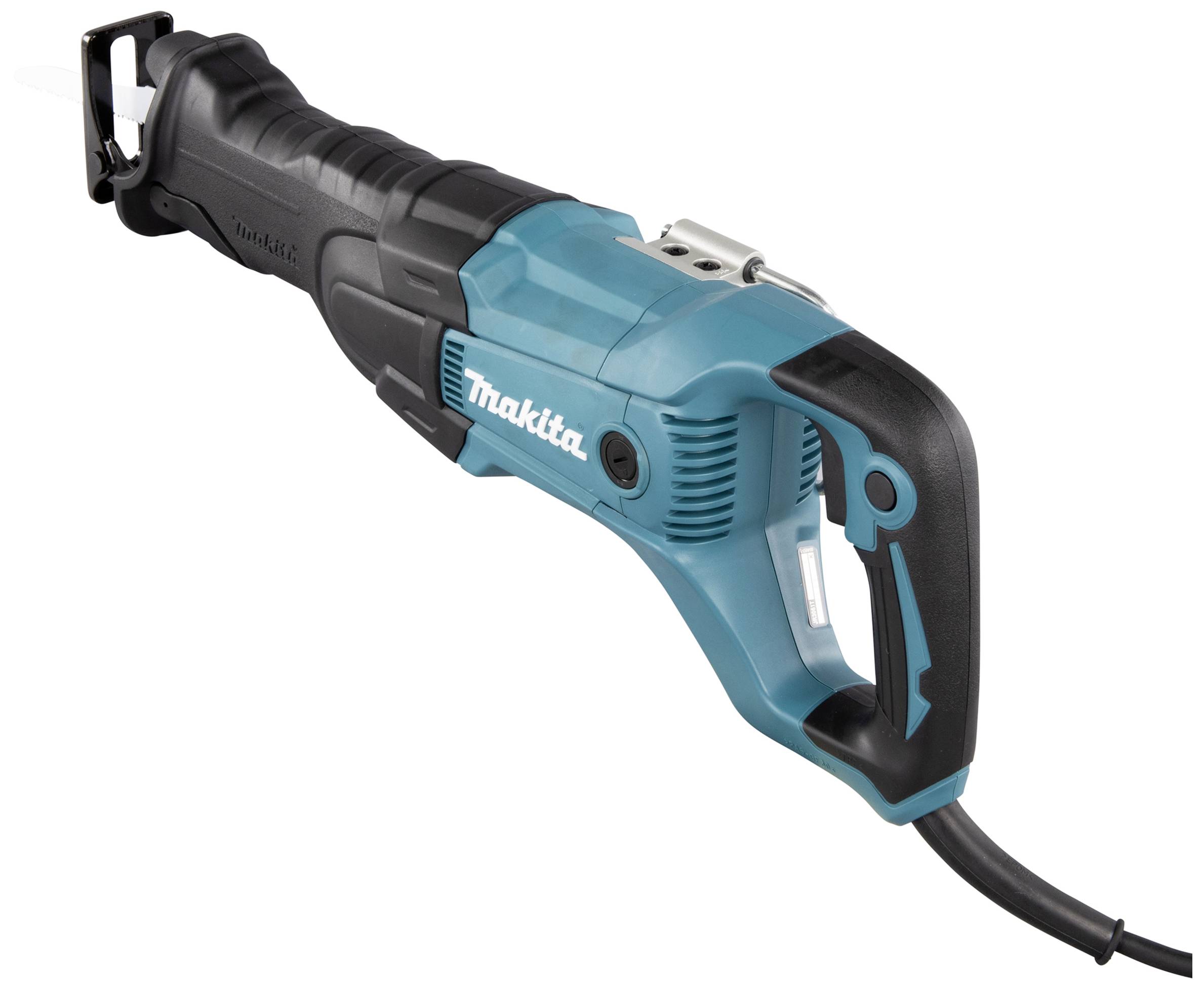 Eine blaue und schwarze elektrische Säbelsäge mit einem schwarzen Griff und einem langen Stromkabel, geeignet für Holzarbeiten.