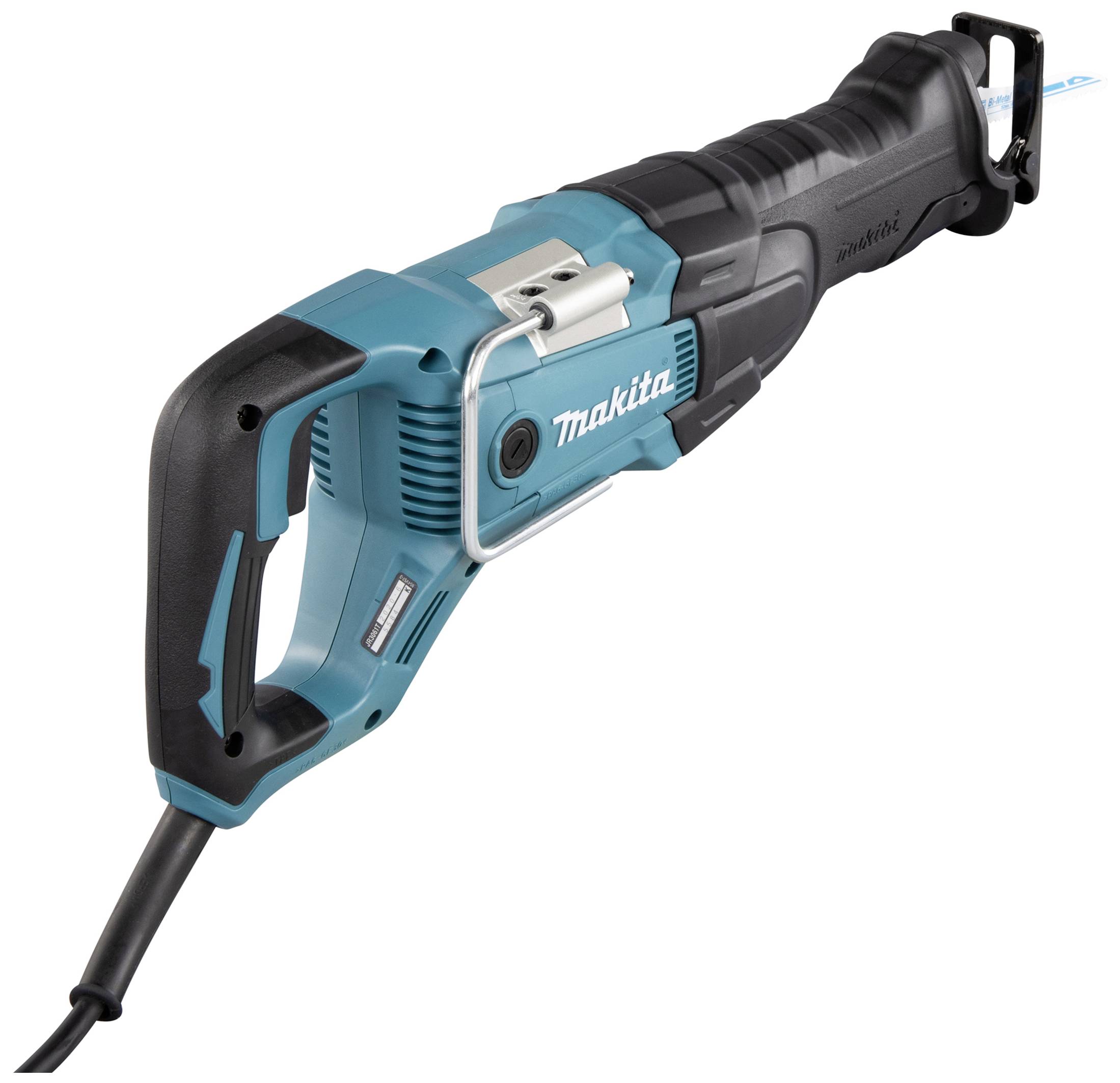 Eine blaue und schwarze elektrische Säbelsäge von Makita mit einem Kabel, geeignet für Bauarbeiten und Holzschnitte.