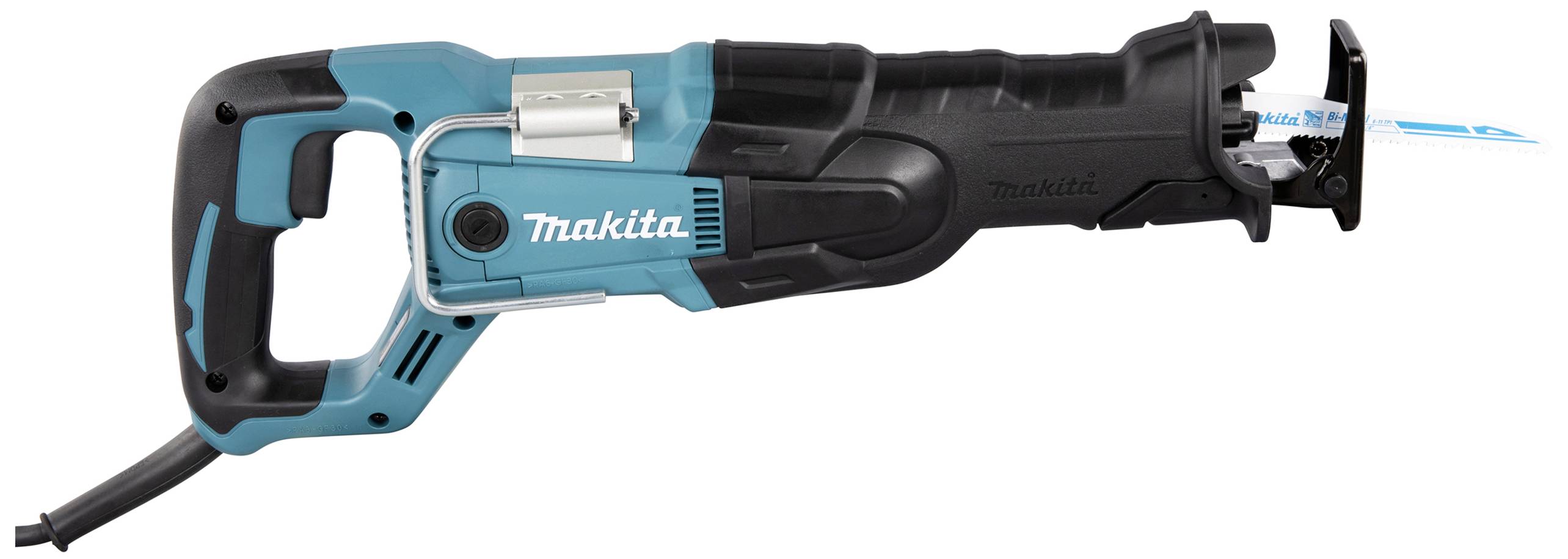 Elektrische Säbelsäge in Schwarz-Blau mit 'Makita'-Logo auf der Seite, für präzise Schneidarbeiten in Holz und Metall geeignet.