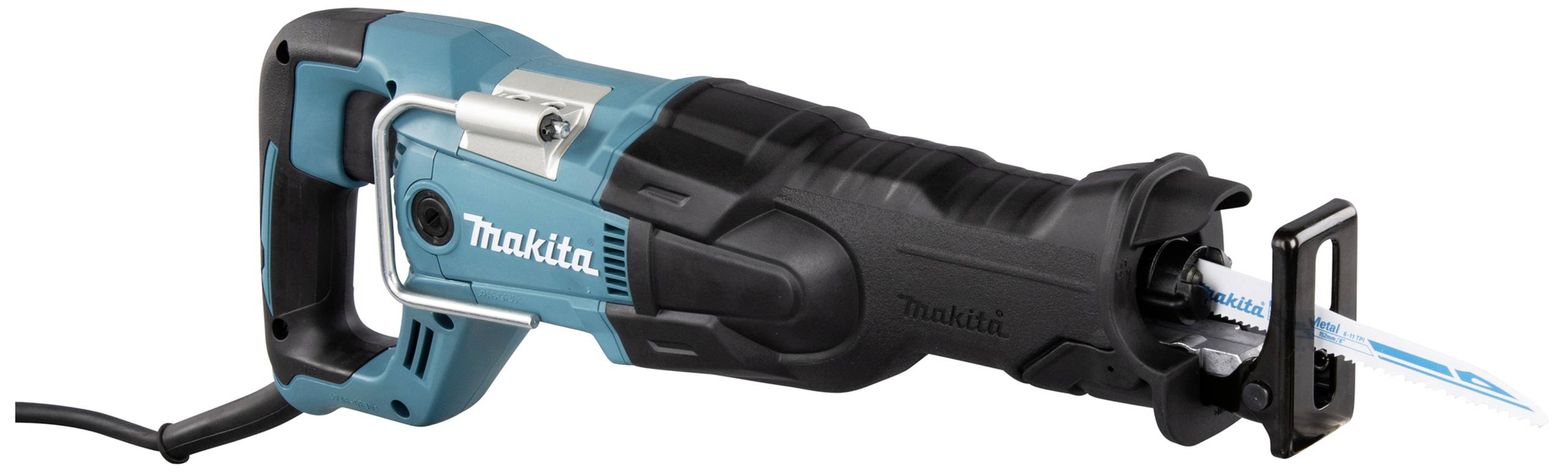 Elektrische Säbelsäge mit schwarzem Griff und blauem Gehäuse von Makita, geeignet für Holz- und Metallarbeiten.