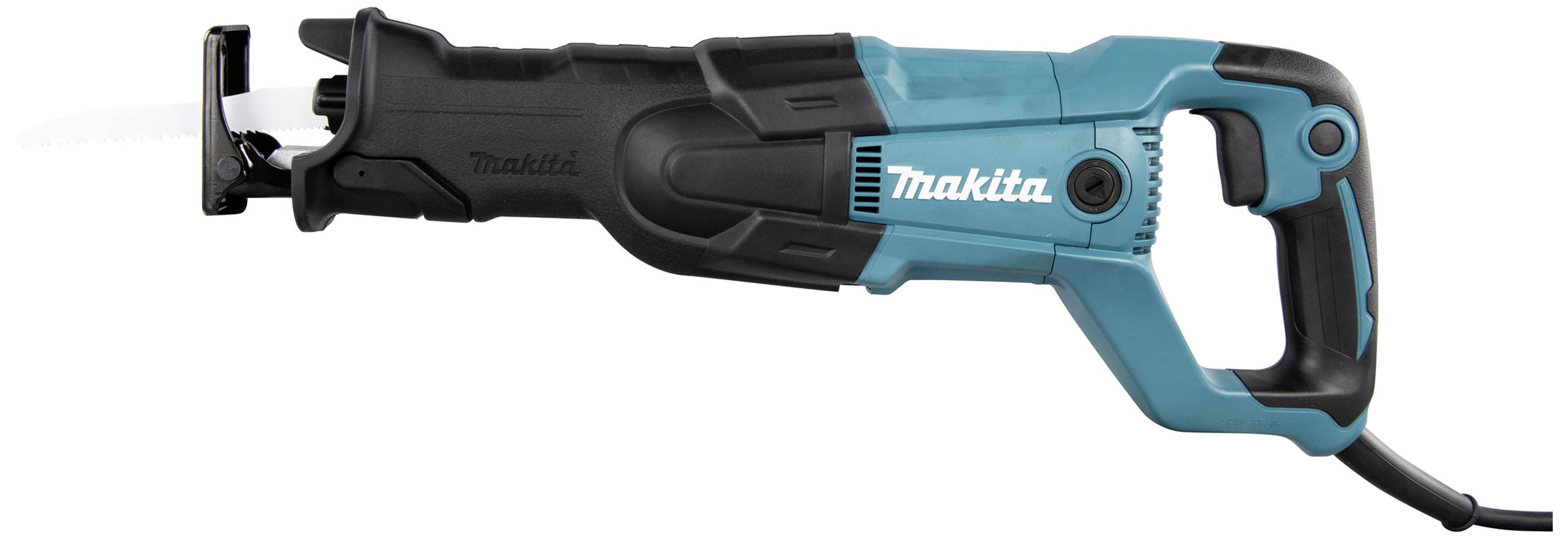Elektrische Säbelsäge mit blau-schwarzem Gehäuse und strombetriebenem Kabel. Markenzeichen und Griff sichtbar.