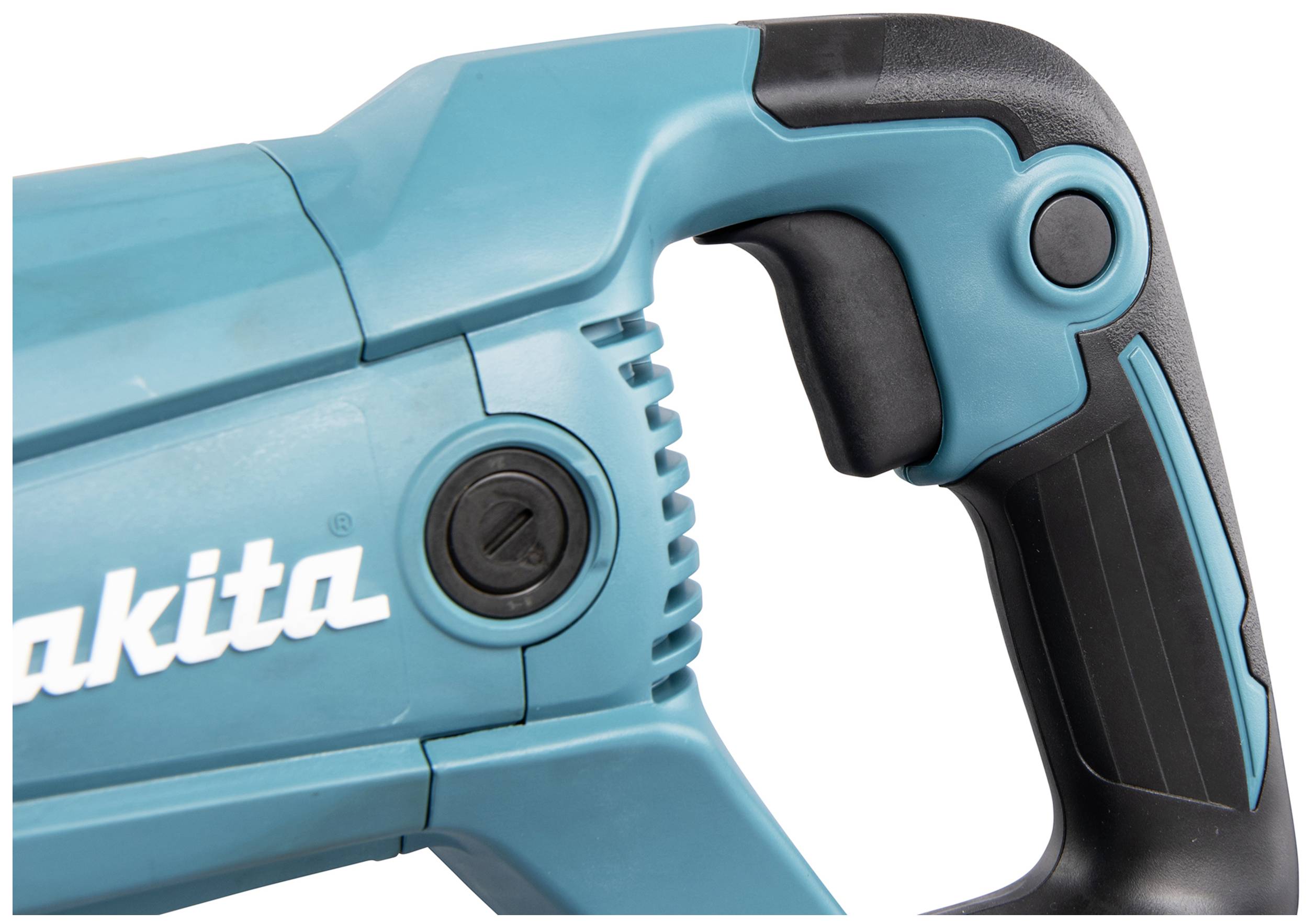 Ein blau-schwarzer elektrischer Werkzeuggriff mit einem Schalter und 'Makita'-Logo.