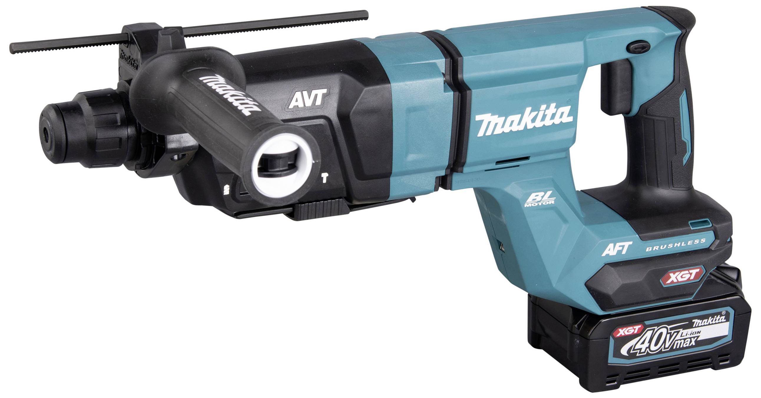 Ein kabelloser blauer Bohrhammer mit 'Makita'-Logo, ausgestattet mit einem 40V Lithium-Ionen-Akku.