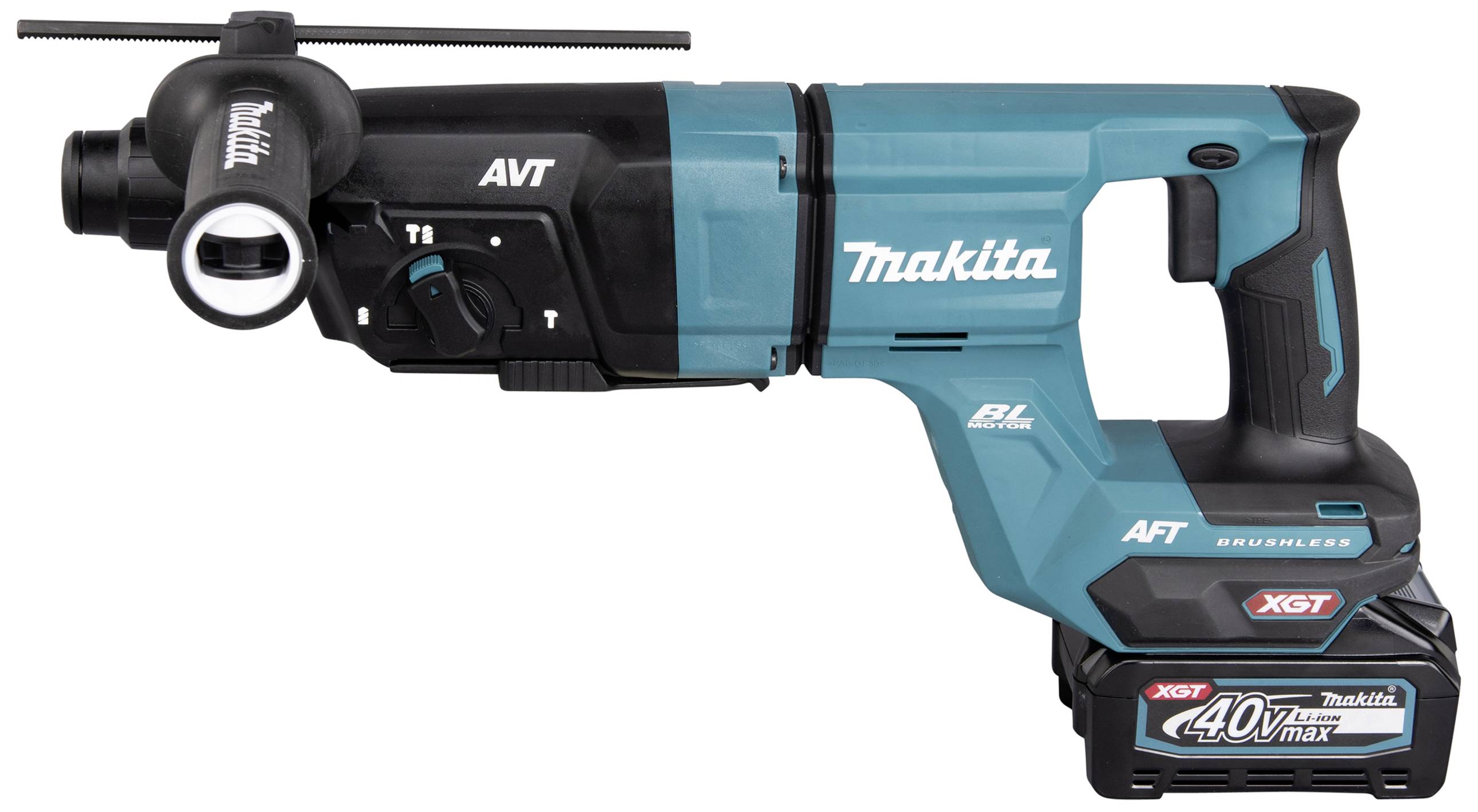 Bohrhammer in türkis-schwarz mit Aufschrift 'Makita'. Modellnummer 'XGT' und '40V max' auf dem Akku.