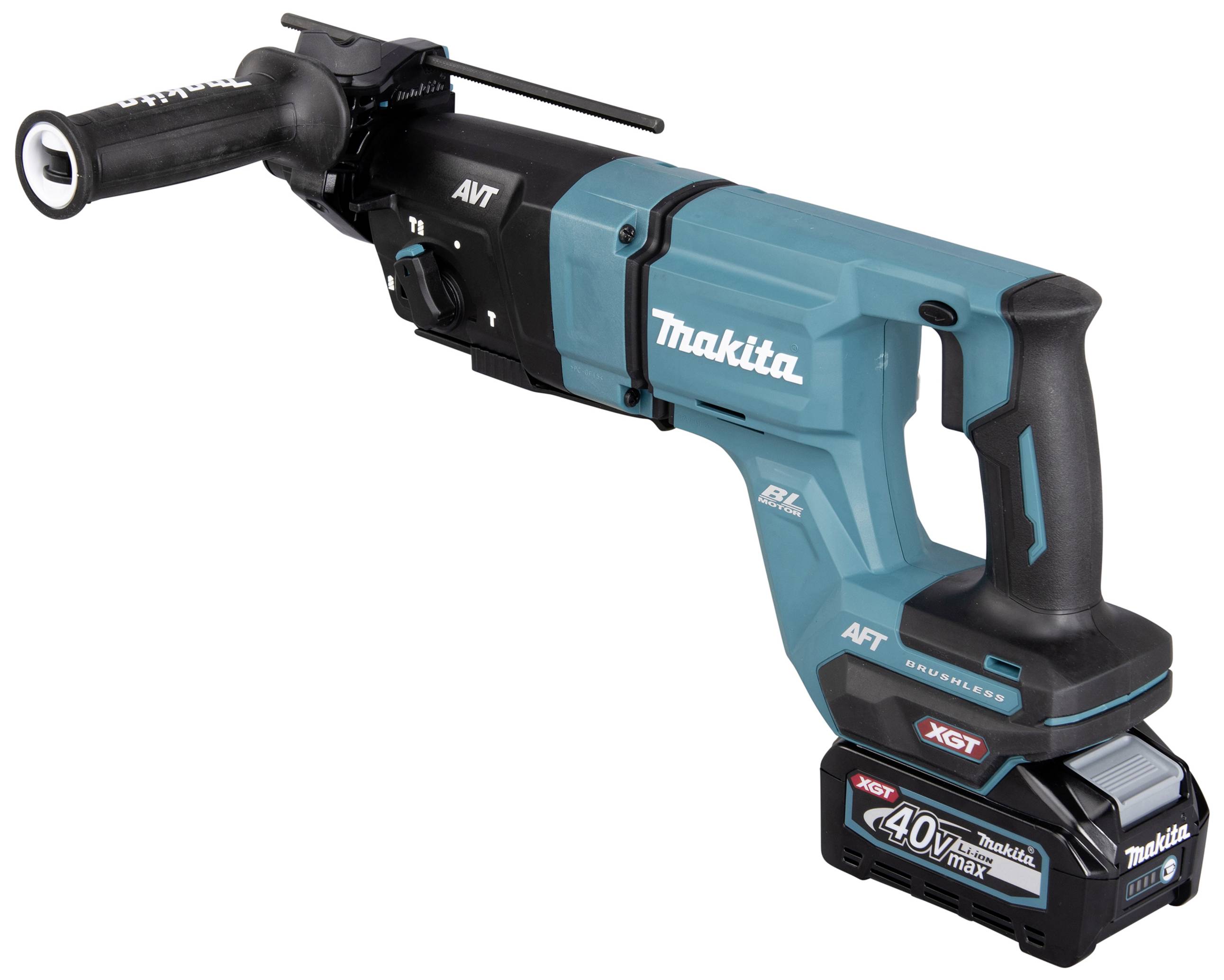 Ein blau-schwarzer Bohrhammer mit Akku, Marke Makita, Modell XGT 40V max. Enthält ergonomischen Griff und zusätzliche Vibrationskontrolle.