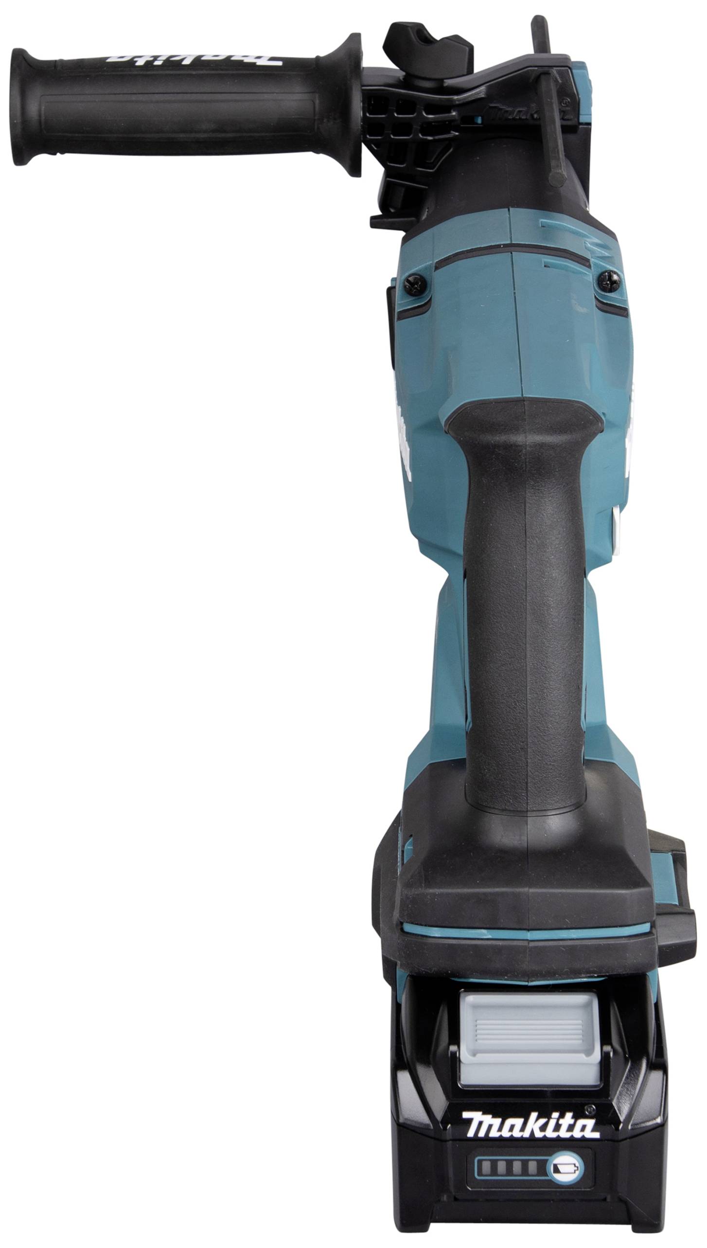 Akkubetriebene Makita-Winkelschleifer aus Kunststoff, Blauton, mit schwarzem Griff und Makita-Logo am Sockel.