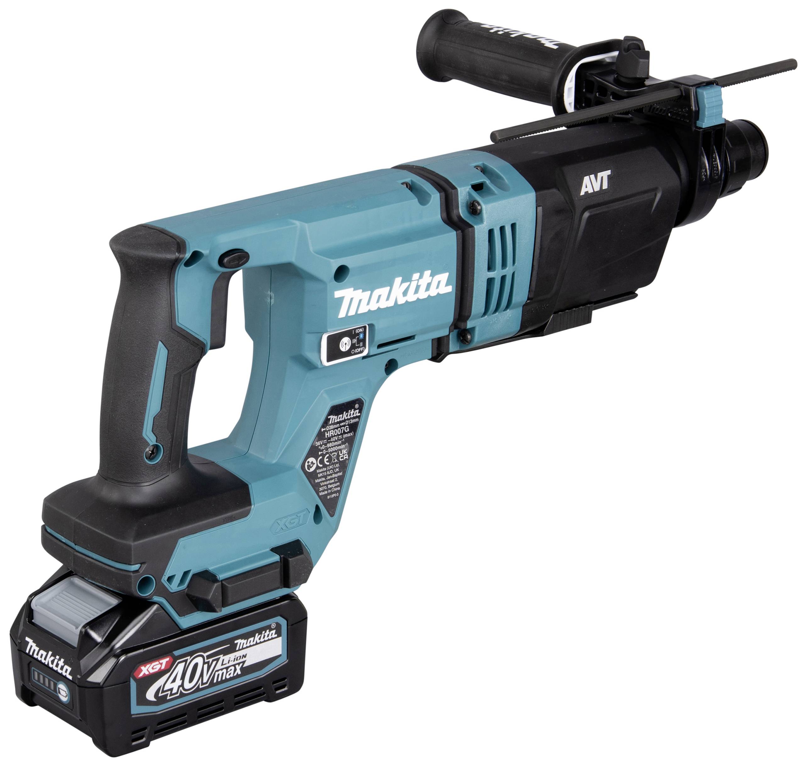 Kabelloser blauer und schwarzer Bohrhammer von Makita mit 40V Max-Akku, ergonomischem Griff und AVT-Dämpfungssystem.