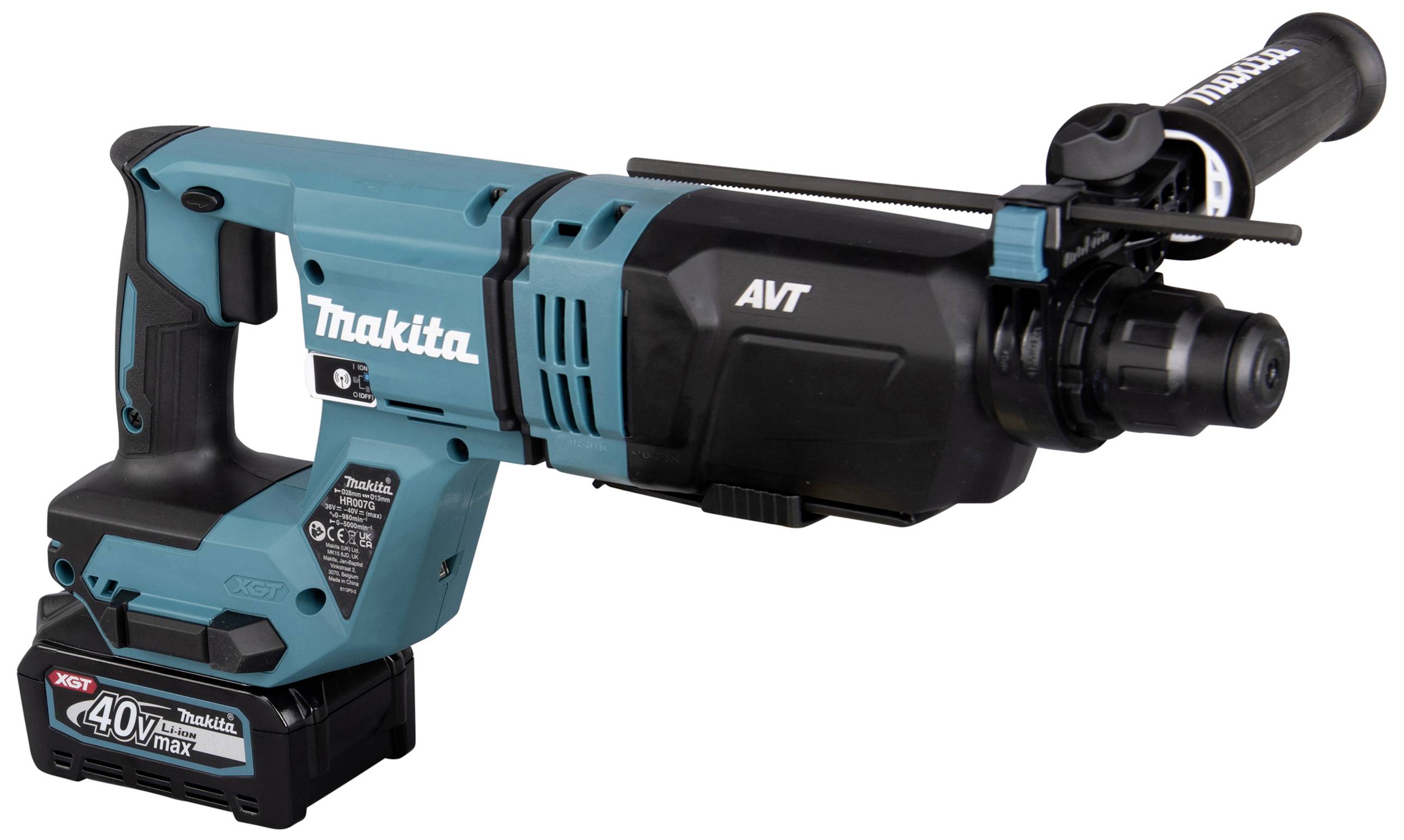Makita Akku-Kombihammer mit AVT-Technologie, schwarz-blaues Design, 40V Max Akku, seitlicher Griff, geeignet für schwere Arbeitsanwendungen.