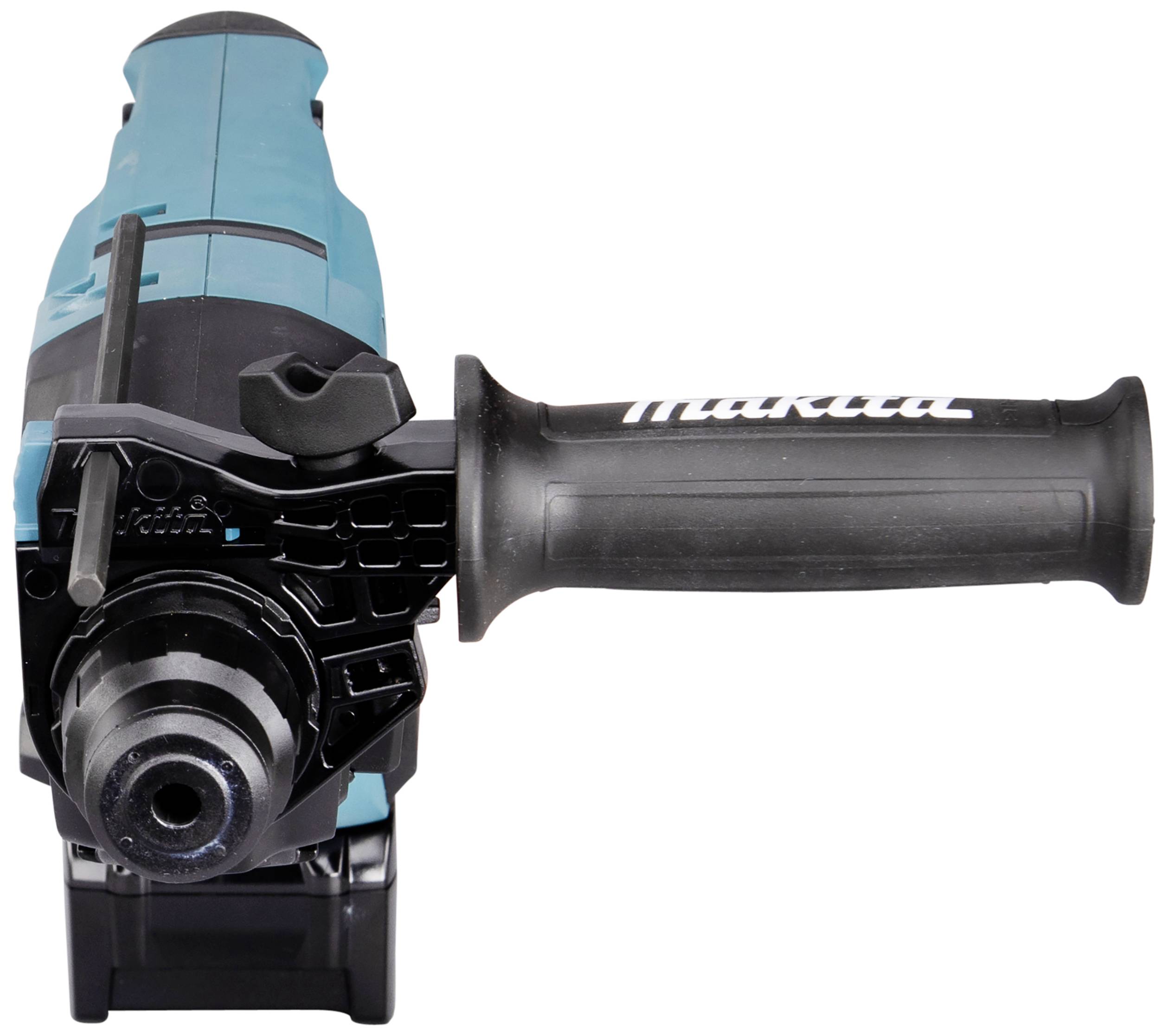 Ein Bohrhammer mit blauem Gehäuse und einem schwarzen Handgriff an der Seite, geeignet für schwere Bau- und Renovierungsarbeiten.